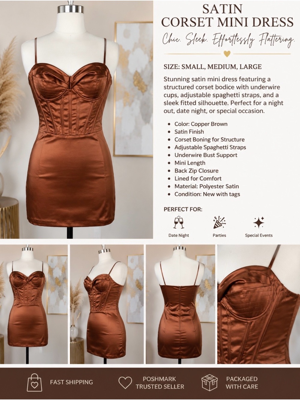 Satin Corset Mini Dress - Copper Brown
